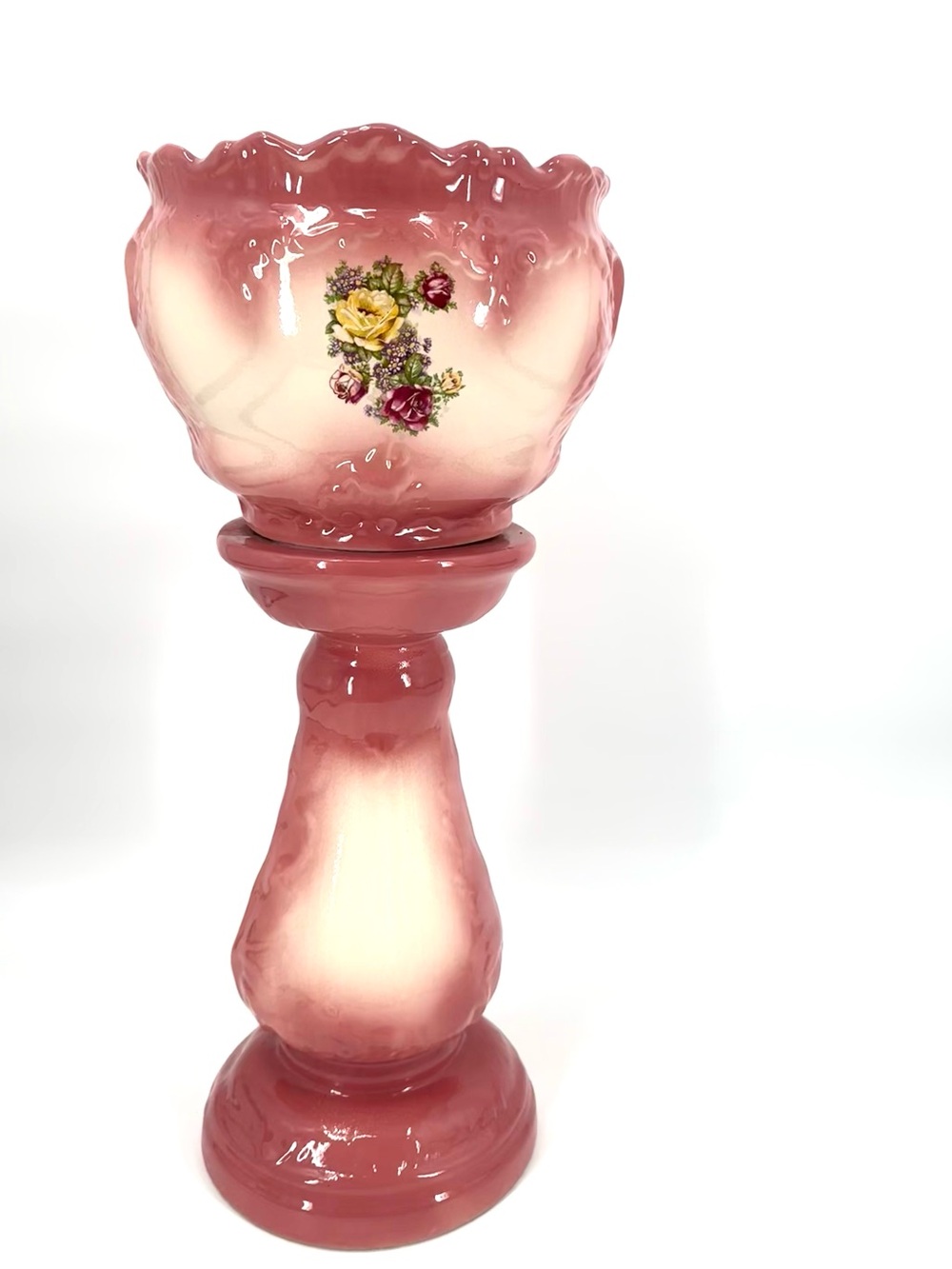 Vintage Ombré  Pink Rose Jardiniere Pedestal Art Pottery 2’ Planter